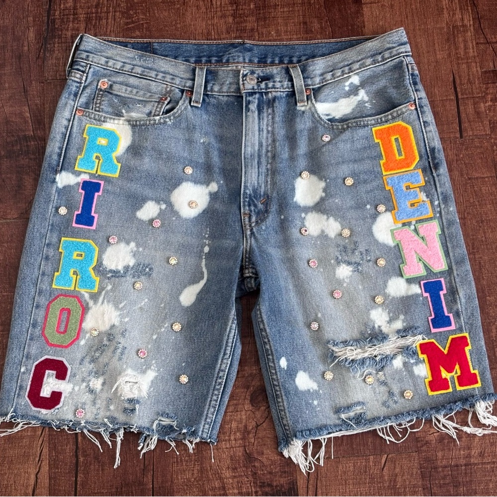 Embroidered Distressed Denim Shorts Custom made by Ri -ROC Levi’s shorts - Picture 5 of 8